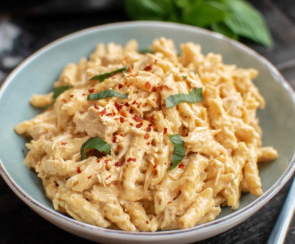 Delicious crockpot chicken pasta served in a cozy bowl, featuring tender shredded chicken and flavorful pasta.