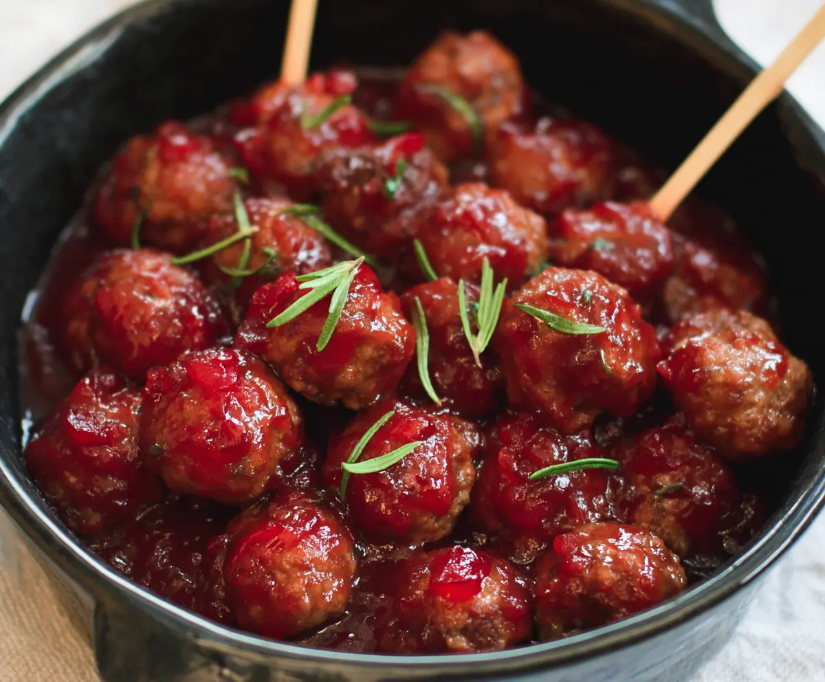 Delicious crockpot cranberry meatballs served in a white bowl with fresh herbs.