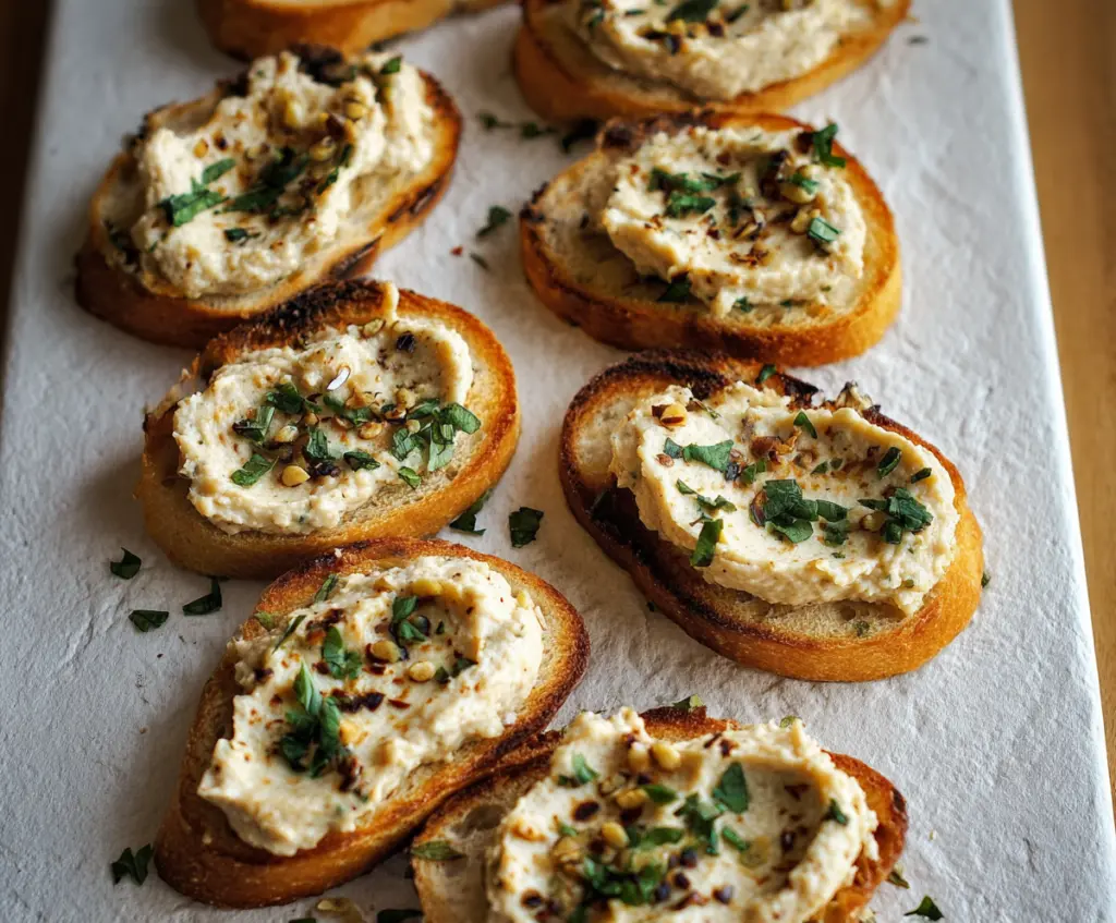 Crostini topped with creamy white bean spread and fresh herbs, perfect for appetizer platters.