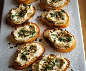 Crostini topped with creamy white bean spread and fresh herbs, perfect for appetizer platters.