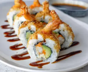 Delicious crunchy shrimp tempura sushi roll with fresh rice and seaweed garnished with sesame seeds.