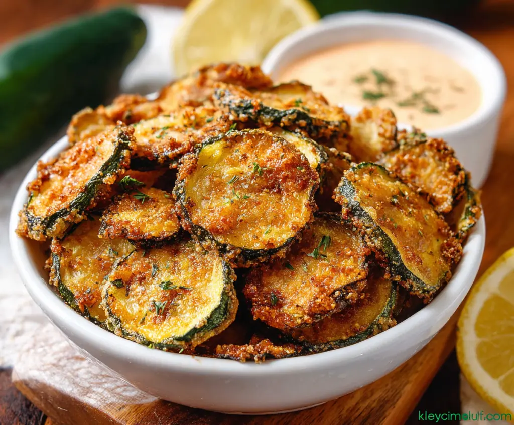 Crispy baked zucchini chips garnished with herbs on a white plate.