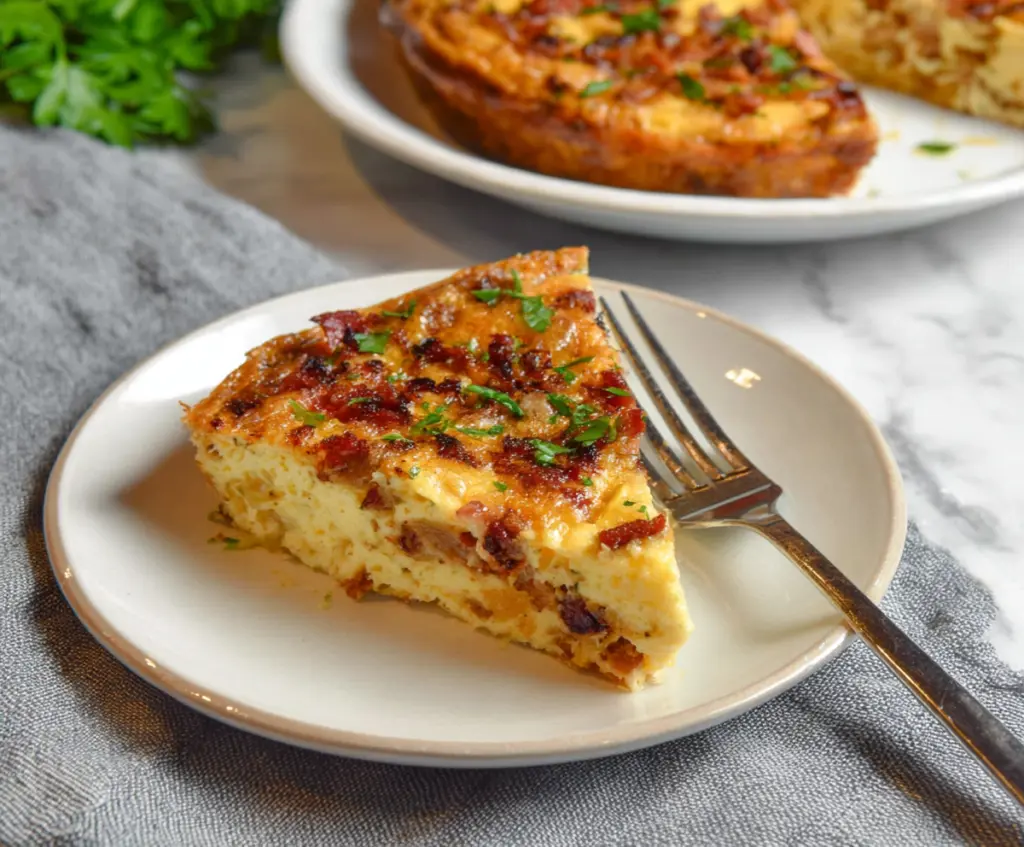 Delicious crustless bacon and cheese quiche served on a plate, perfect for brunch or breakfast.