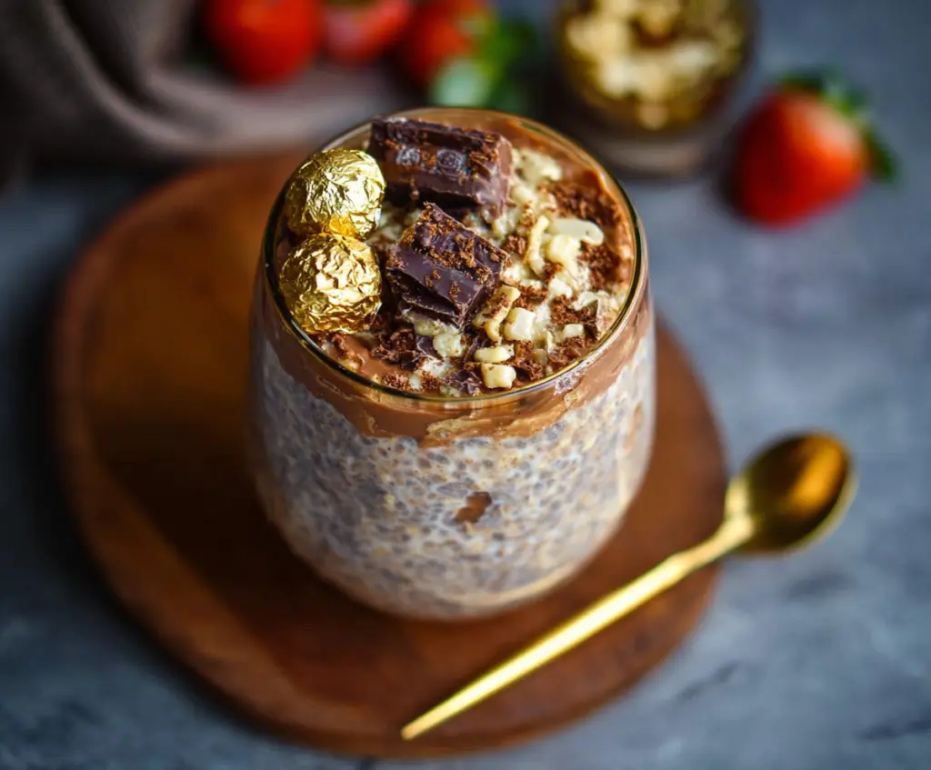 Creamy Ferrero Rocher Overnight Oats with chocolate and hazelnuts in a glass jar.
