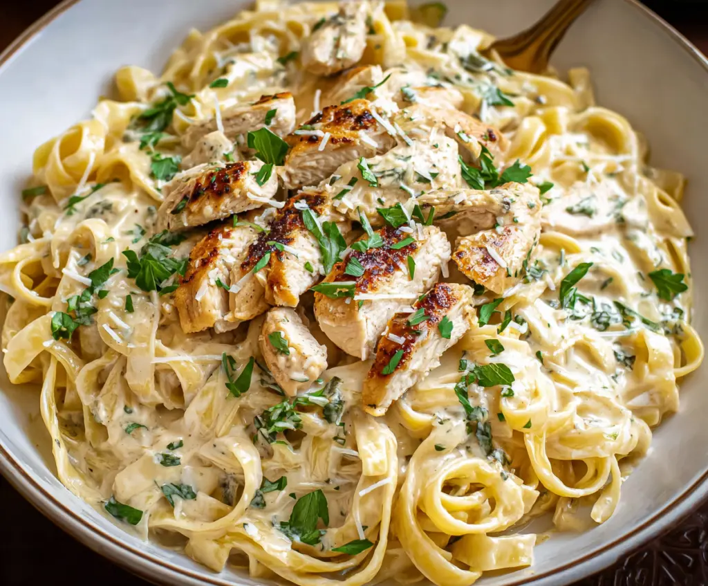 Creamy fettuccine Alfredo with tender chicken pieces served on a white plate.