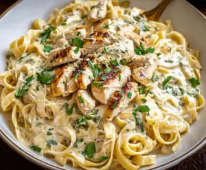 Creamy fettuccine Alfredo with tender chicken pieces served on a white plate.