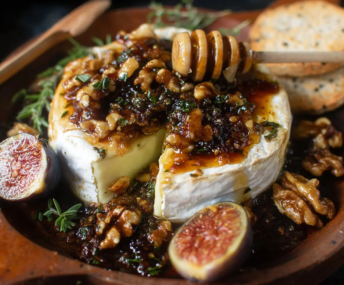 Delicious Fig Walnut Baked Brie cheese appetizer served with fresh figs and walnuts.