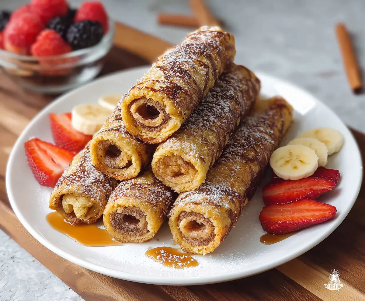 Delicious French Toast Roll Ups filled with sweet cream cheese and topped with powdered sugar.