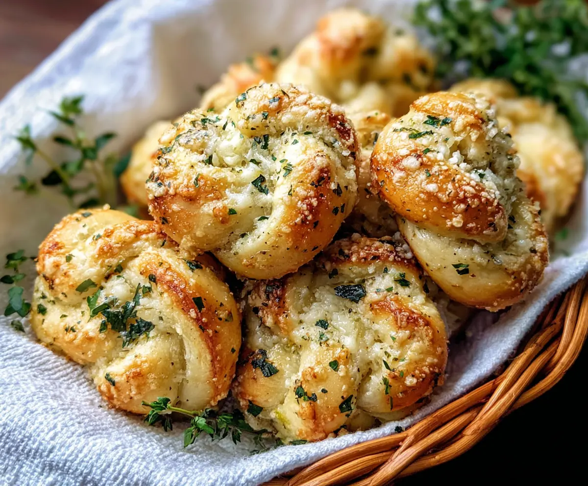 Golden garlic Parmesan knots on a rustic serving plate, garnished with fresh herbs.