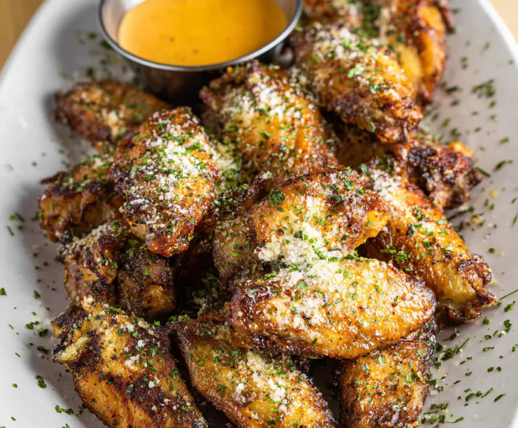Juicy Garlic Parmesan Wings served on a plate, garnished with fresh herbs, perfect for appetizer or main course.