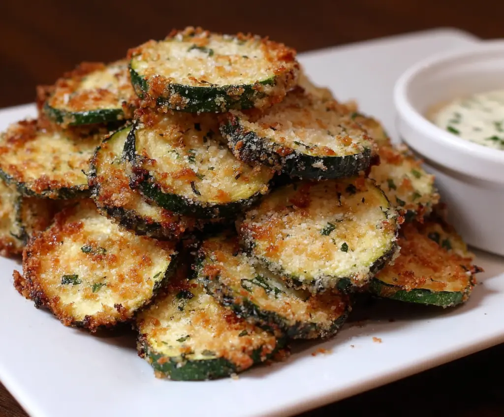 Crispy Garlic Parmesan Zucchini Chips on a white plate, garnished with fresh herbs