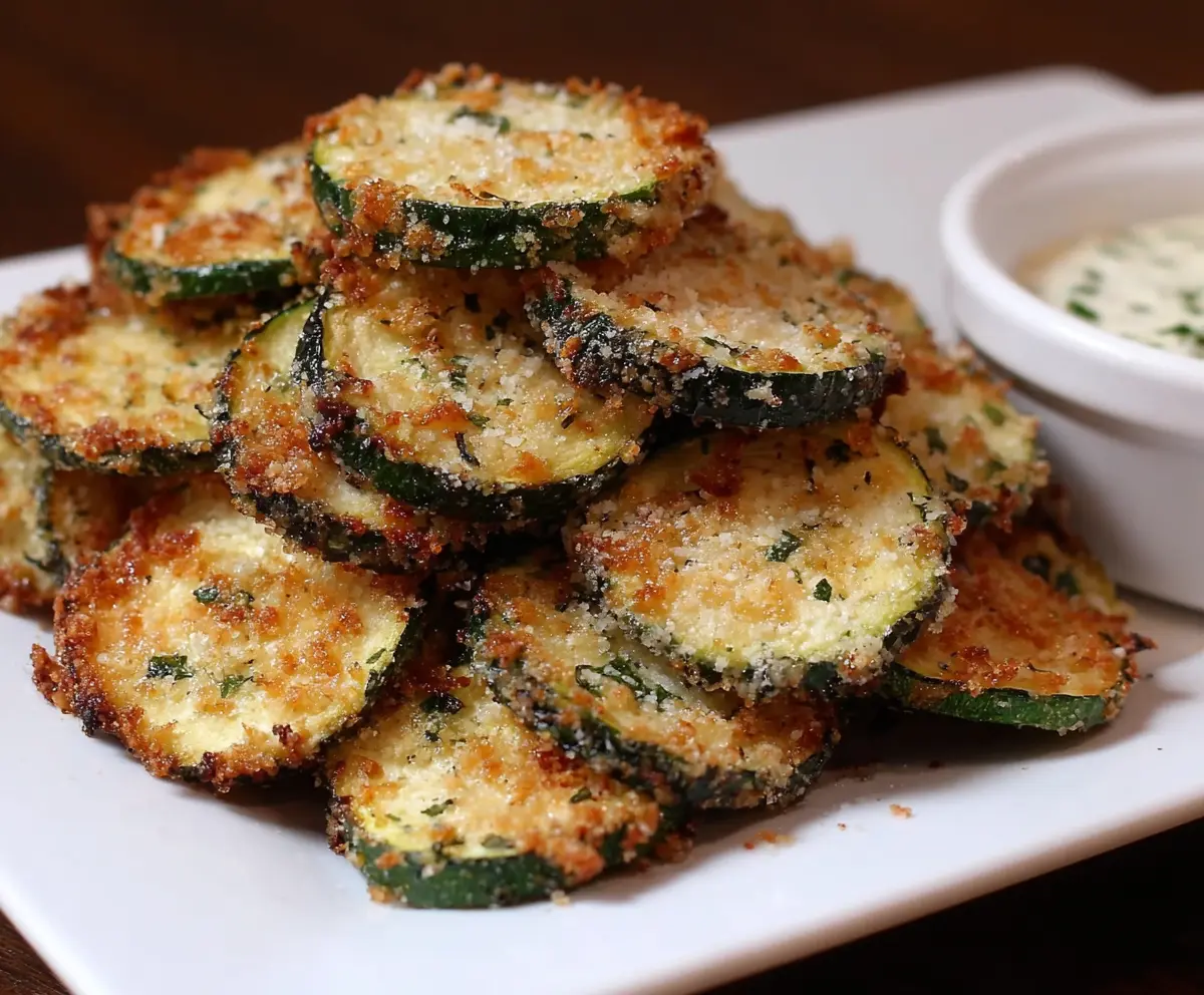 Crispy Garlic Parmesan Zucchini Chips on a white plate, garnished with fresh herbs