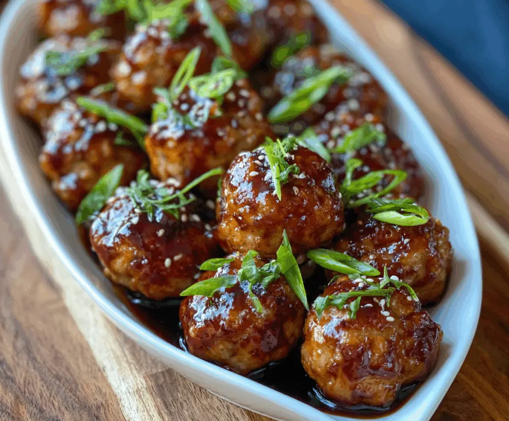 Delicious ginger glazed turkey meatball bites served on a white plate, perfect for appetizers.