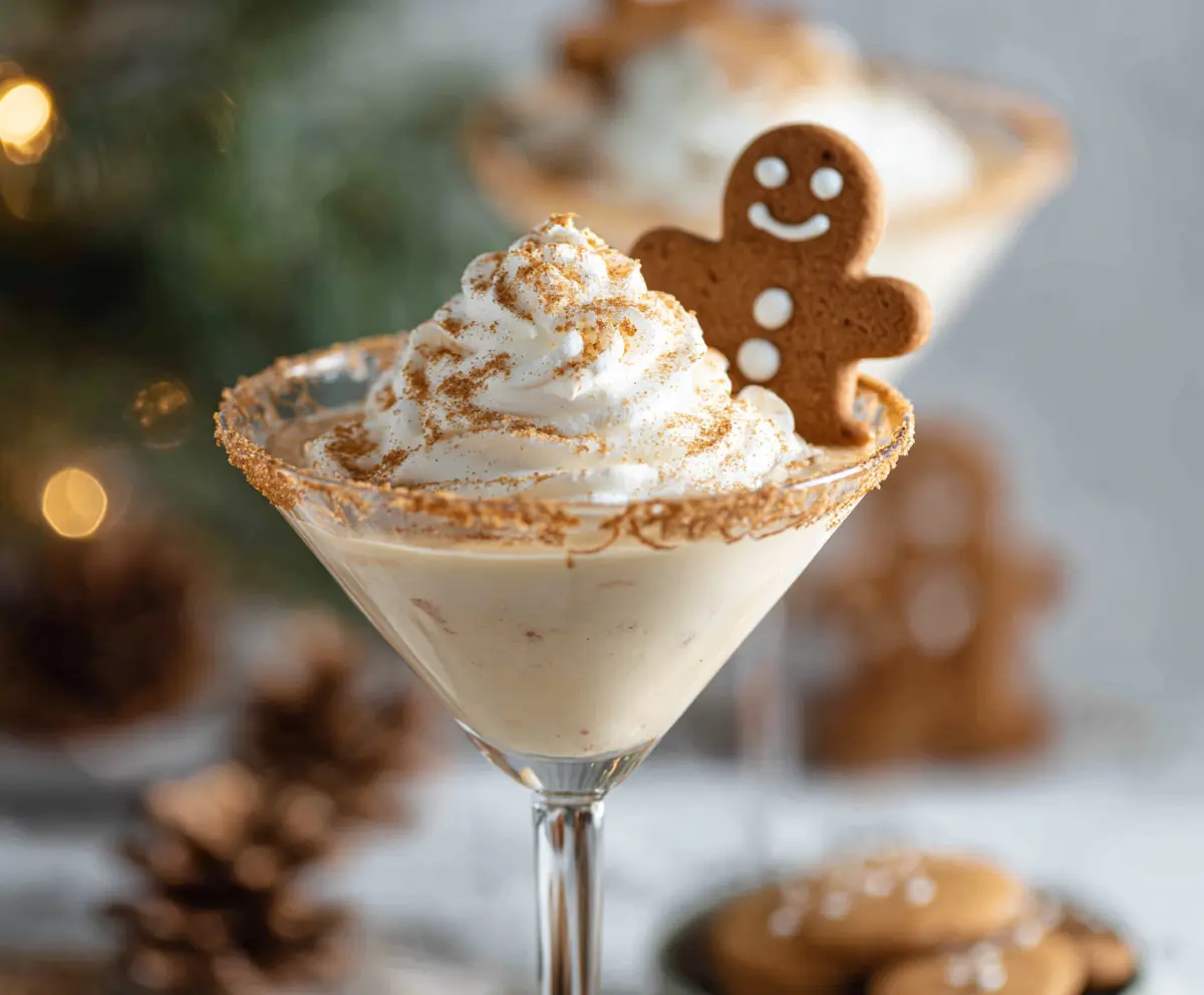 Delicious Gingerbread Cookie Martini in a elegant cocktail glass with festive gingerbread cookies