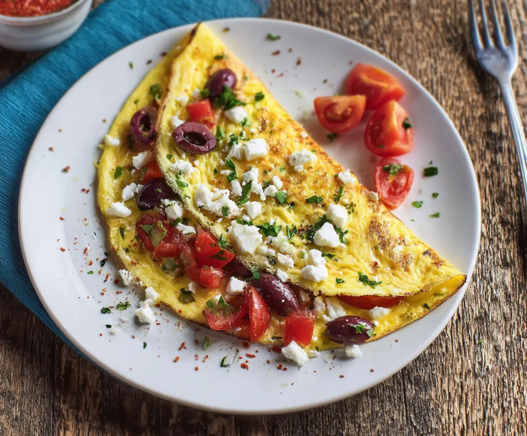 Delicious Greek Omelet filled with fresh vegetables and feta cheese, perfect for a healthy breakfast.