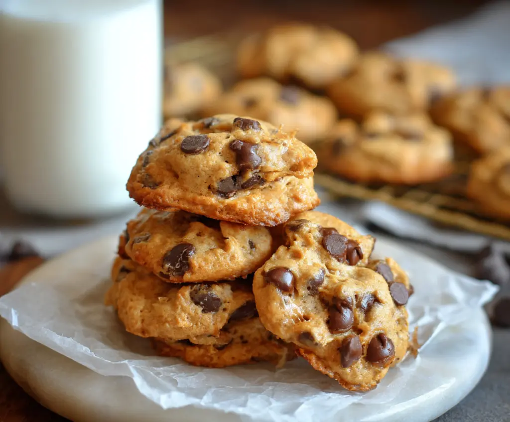 Healthy Greek Yogurt Protein Cookies on a baking tray, showing a golden crust and soft interior.