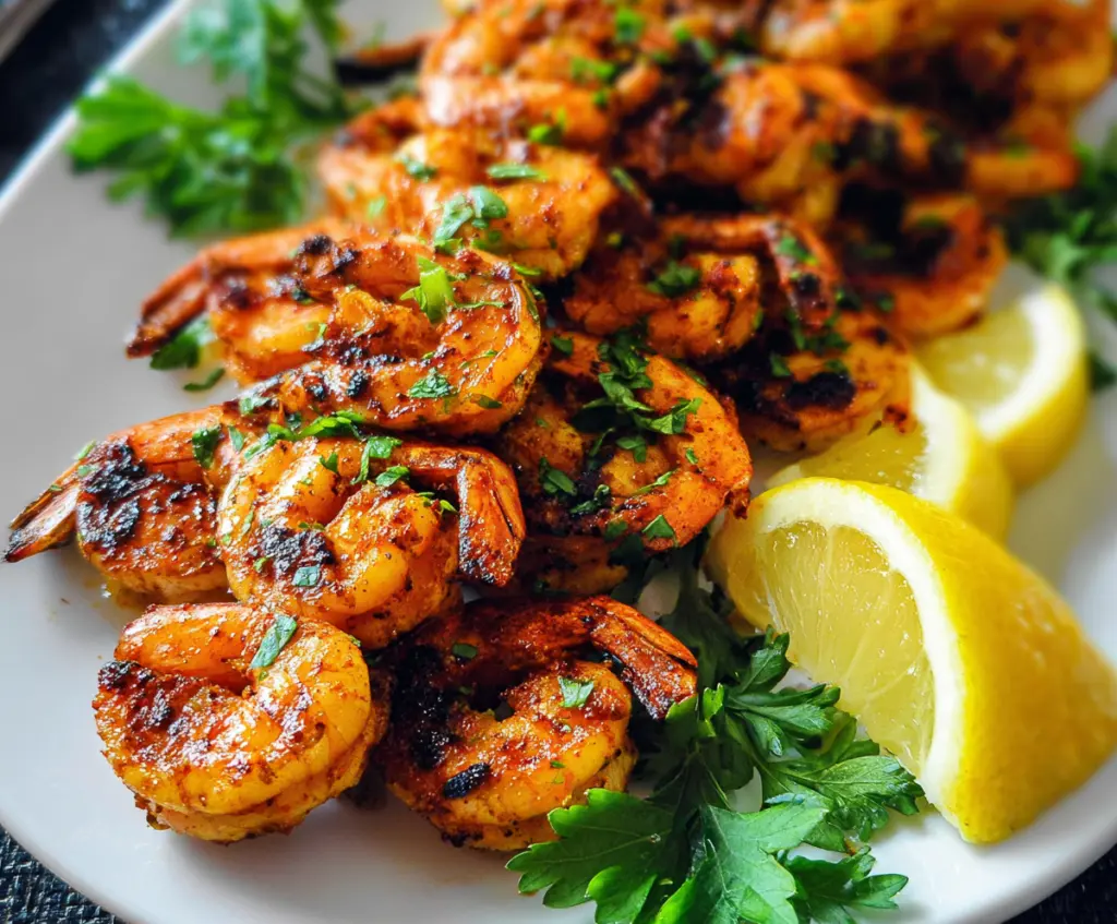 Delicious grilled spicy shrimp served on a plate with lemon and herbs, perfect for barbecues.