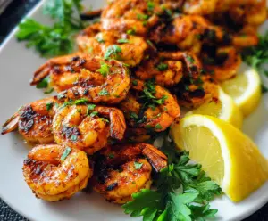 Delicious grilled spicy shrimp served on a plate with lemon and herbs, perfect for barbecues.