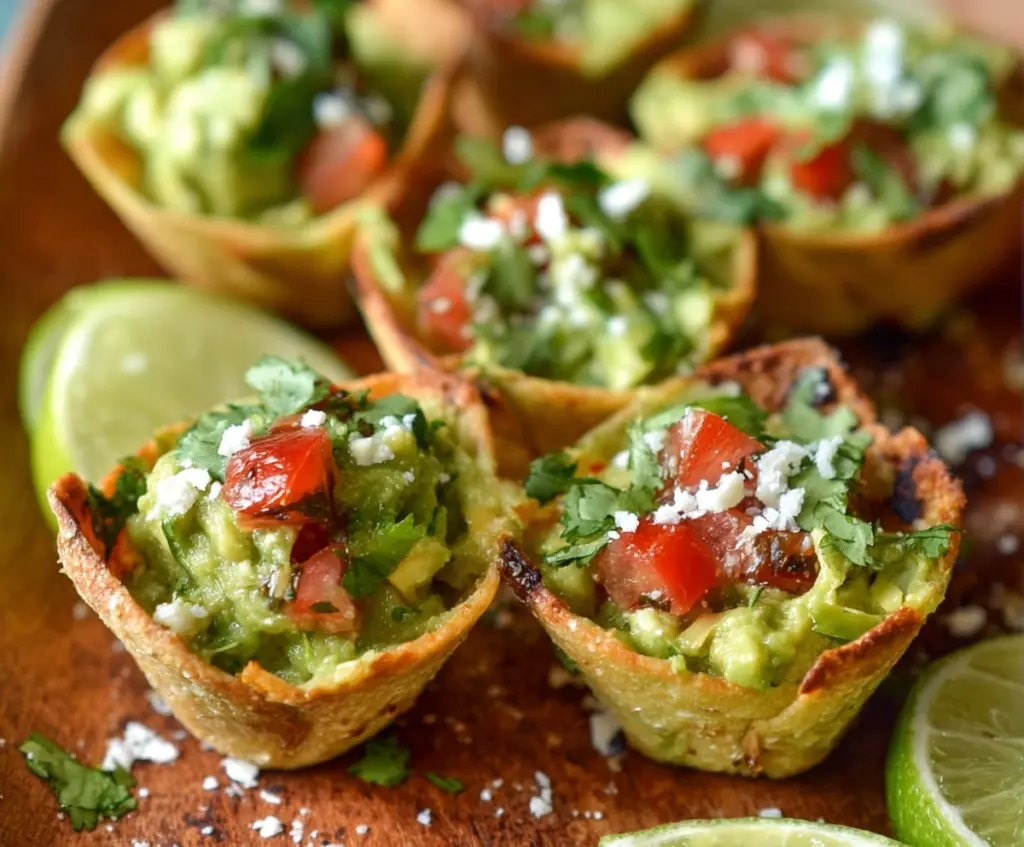 Delicious Guacamole Cups served in crispy pastry shells, perfect for appetizers or snacks.