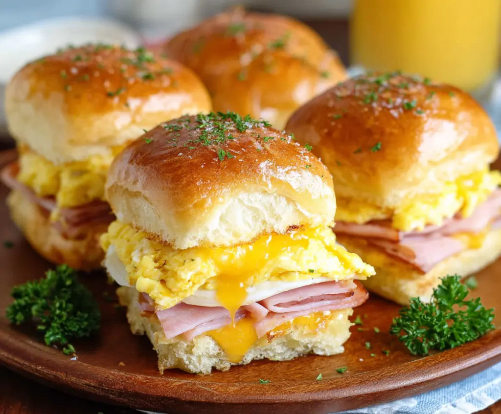 Delicious ham and cheese breakfast sliders on a plate, perfect for morning brunch.