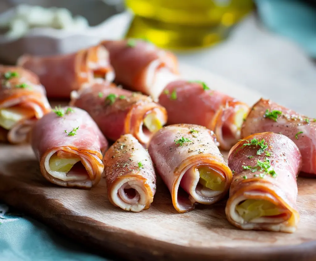 Delicious ham roll ups with cream cheese and herbs, perfect as an appetizer or snack.