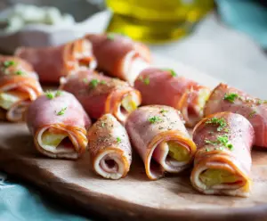 Delicious ham roll ups with cream cheese and herbs, perfect as an appetizer or snack.