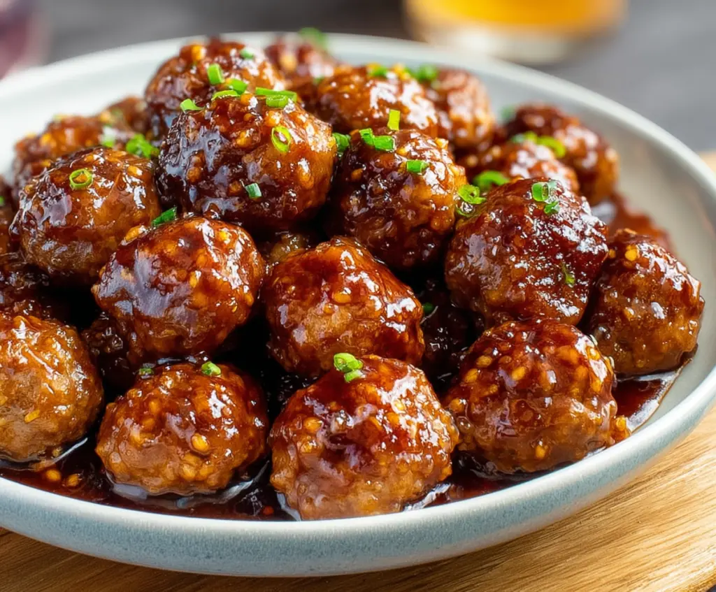 Delicious honey garlic meatballs garnished with fresh herbs on a white plate.