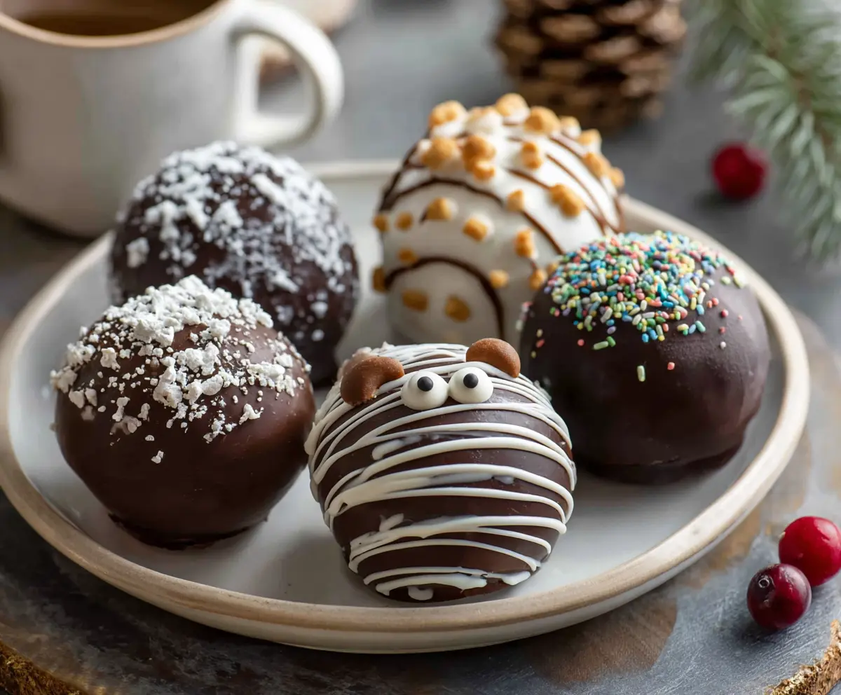 Delicious hot chocolate bombs with rich chocolate shells and gooey filling, perfect for cozy winter drinks.