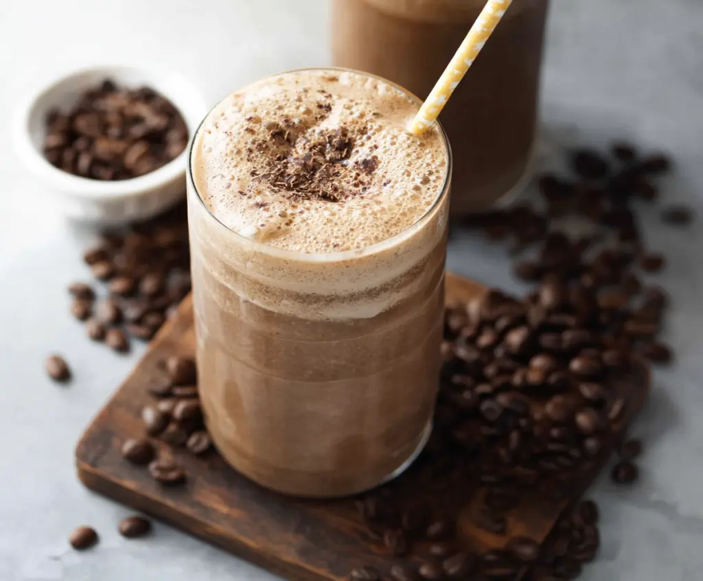 Refreshing iced coffee protein shake with creamy texture and whipped toppings ideal for a healthy breakfast or post-workout drink.