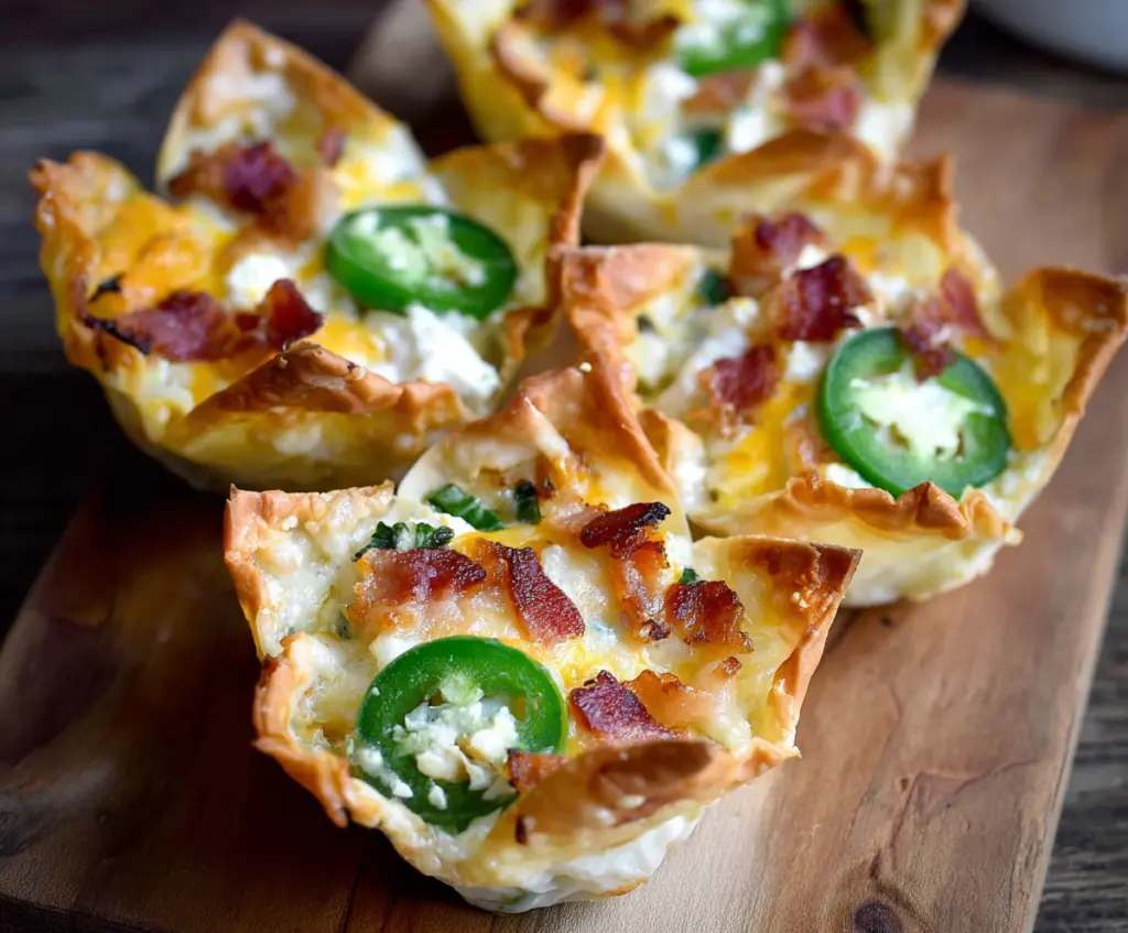 Delicious Jalapeno Popper Wonton Cups filled with creamy cheese and spicy jalapenos.