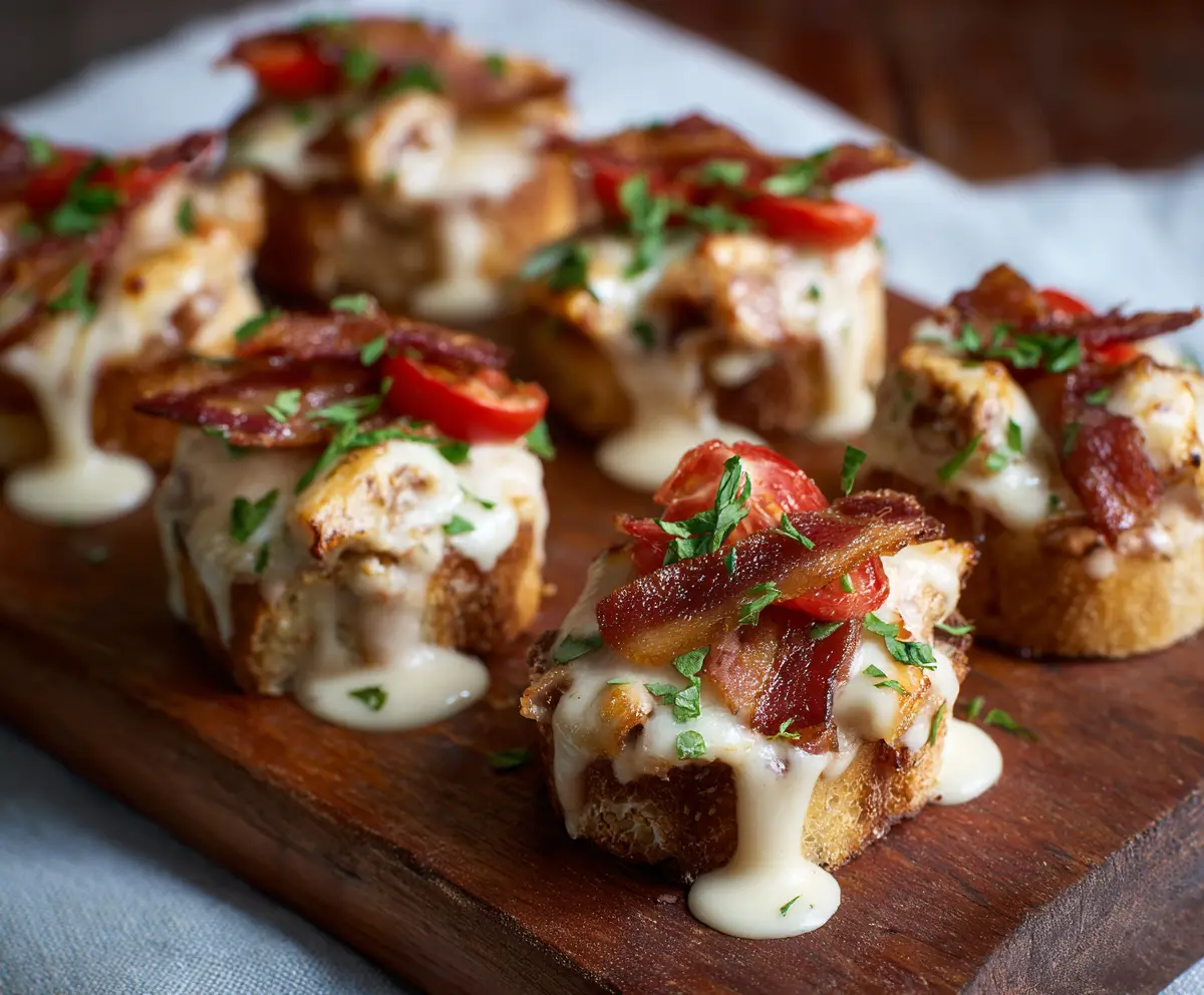 Delicious Kentucky Hot Brown Bites with turkey, bacon, and creamy cheese sauce.