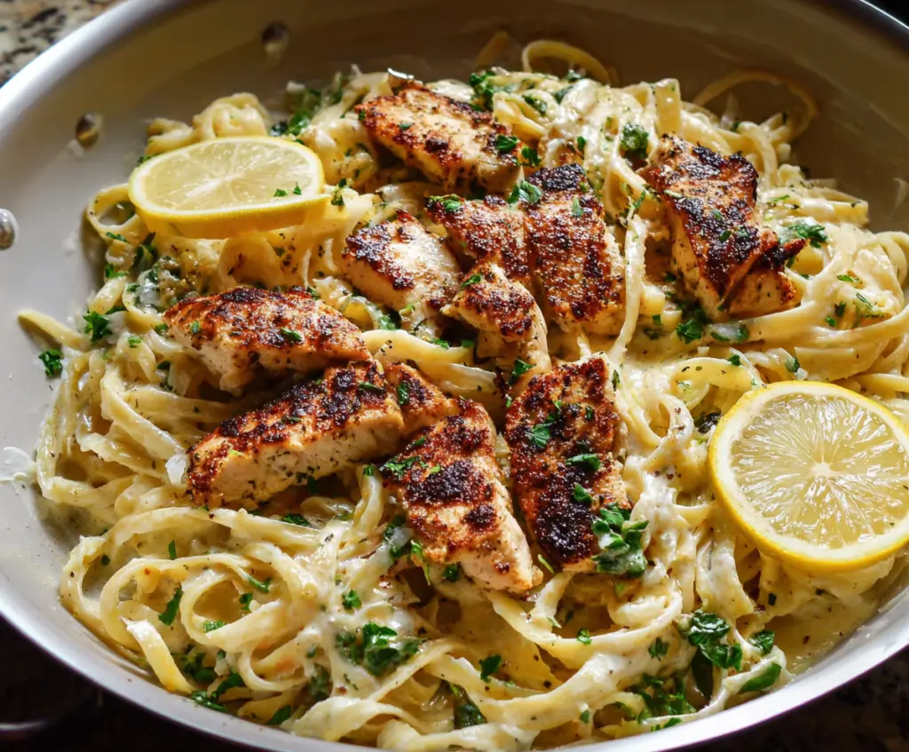 Delicious Lemon Chicken Pasta served on a plate with fresh herbs and lemon slices