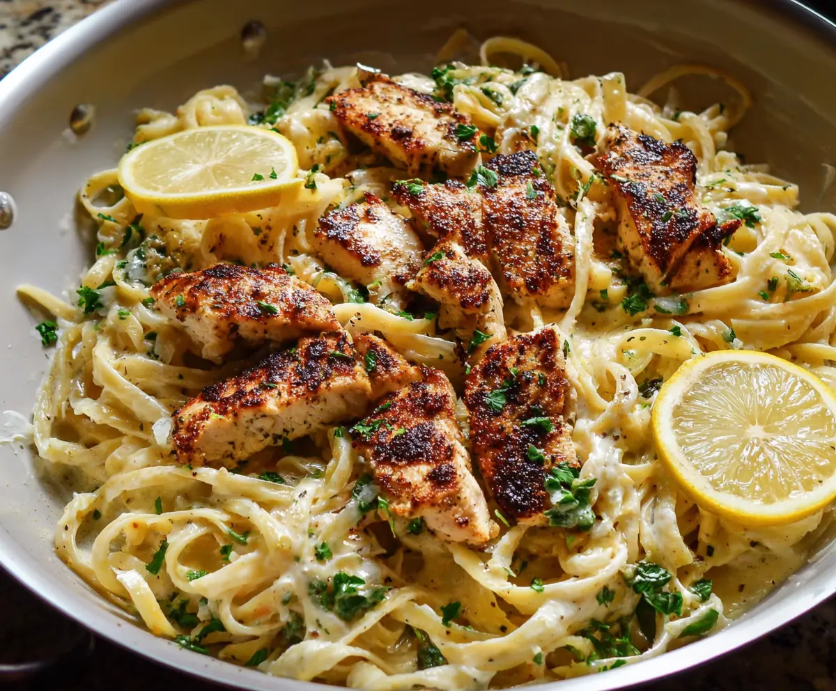 Delicious Lemon Chicken Pasta served on a plate with fresh herbs and lemon slices