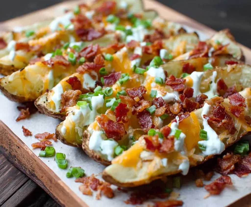 Loaded baked potato wedges topped with cheese sour cream and chives on a white plate