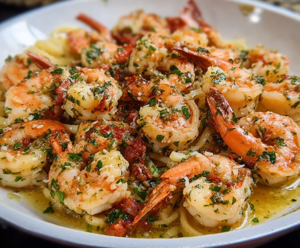 Delicious Lobster Shrimp Scampi served on a white plate with lemon wedges and fresh herbs.