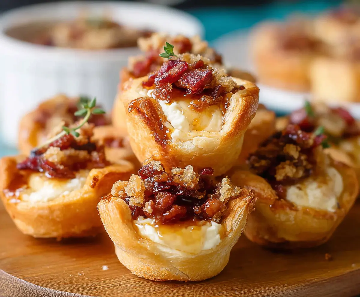 Delicious Maple Bacon Brie Bites served on a white plate, showcasing crispy bacon, melted brie cheese, and a drizzle of maple syrup.