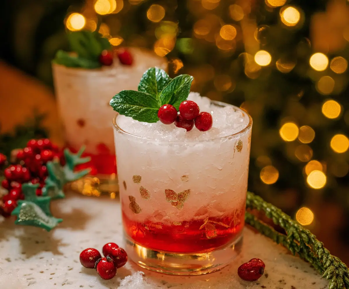 Festive Merry Mistletoe Cocktail in a crystal glass garnished with mistletoe and seasonal decorations