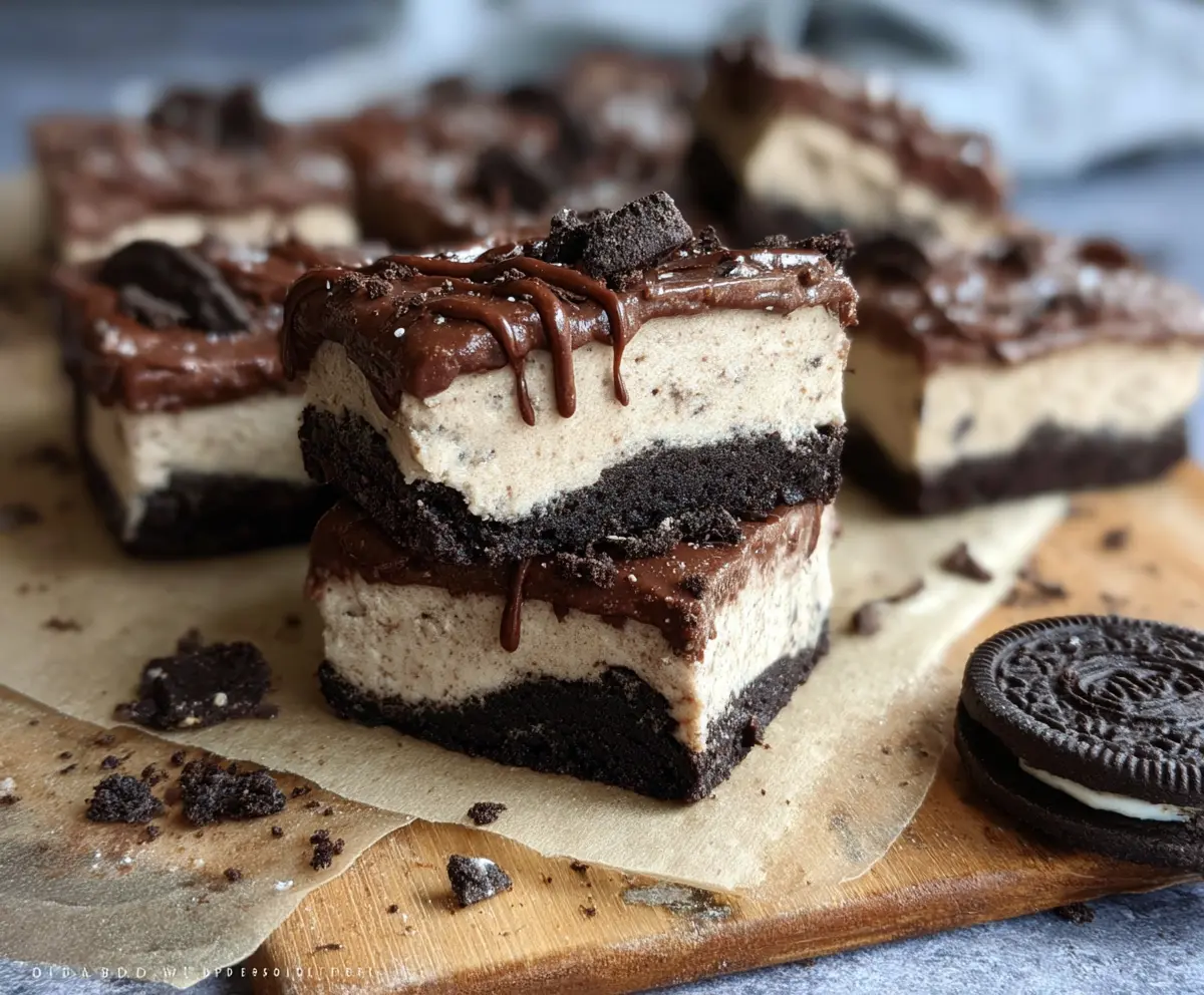 No Bake Oreo Protein Bars on a white plate, showcasing a delicious and healthy snack option.