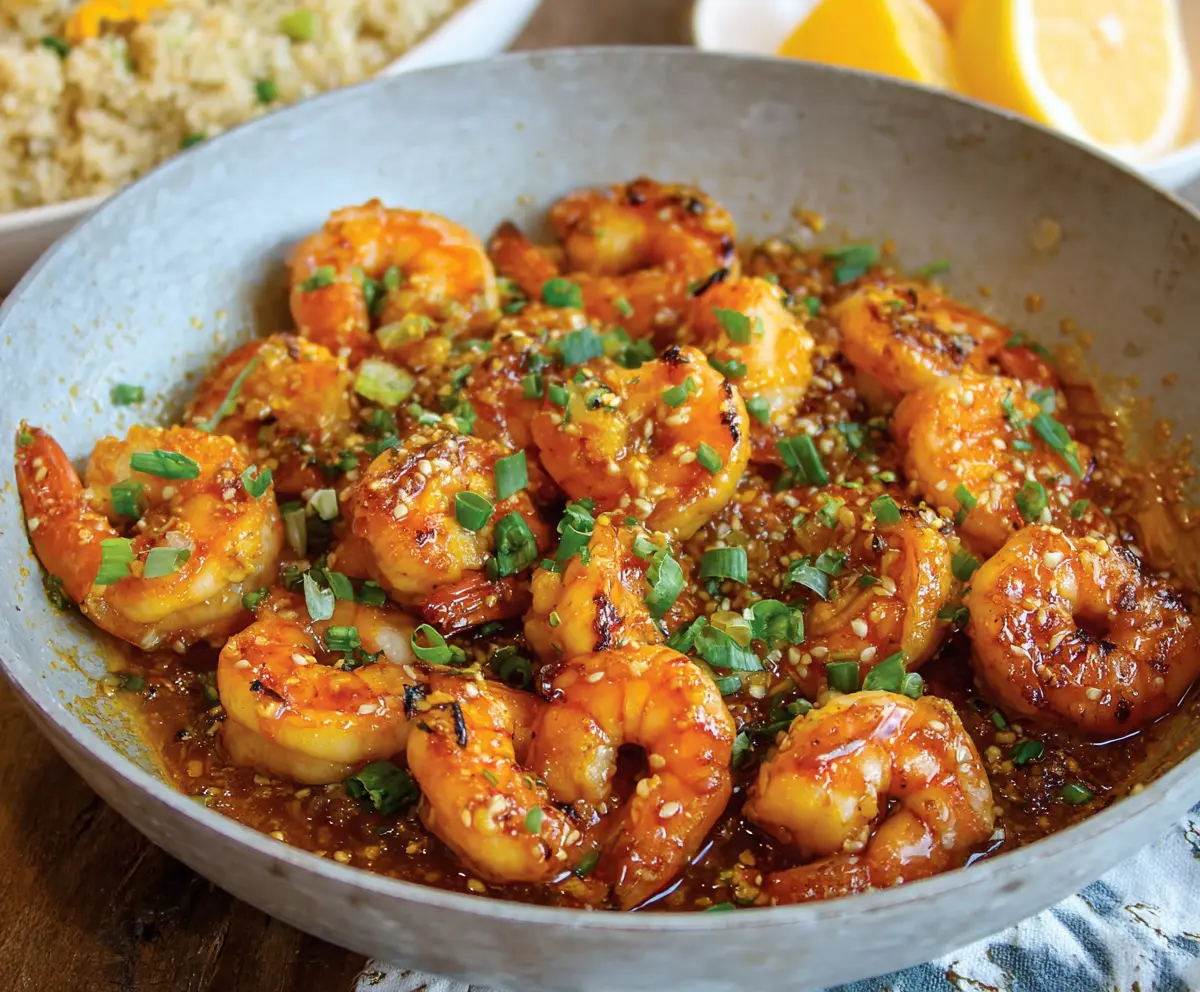 Juicy orange honey garlic shrimp served on a plate, garnished with fresh herbs.