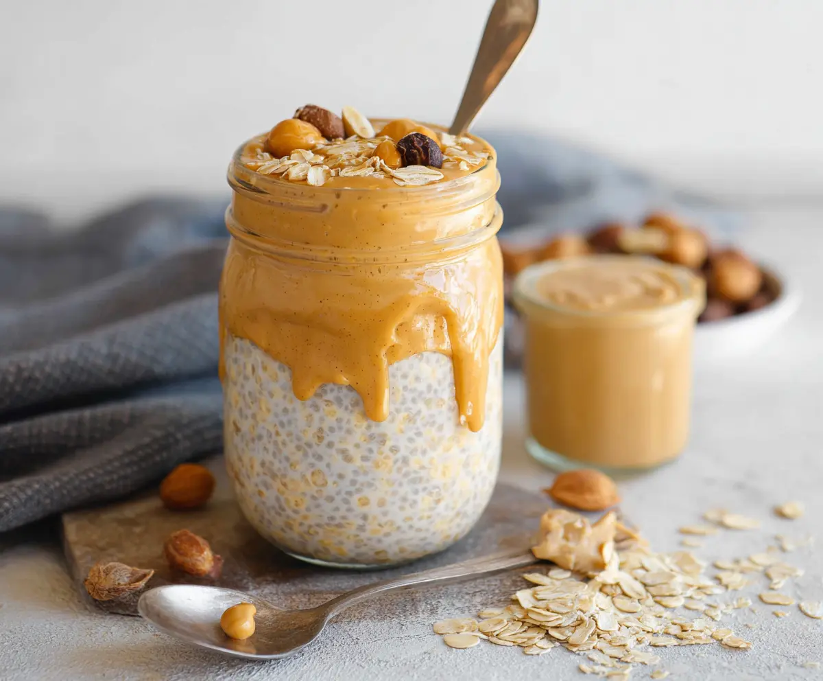 Creamy overnight oats topped with peanut butter and fresh berries for a healthy breakfast