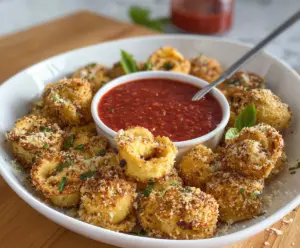 Delicious Parmesan crusted tortellini bites served on a white plate, garnished with herbs.