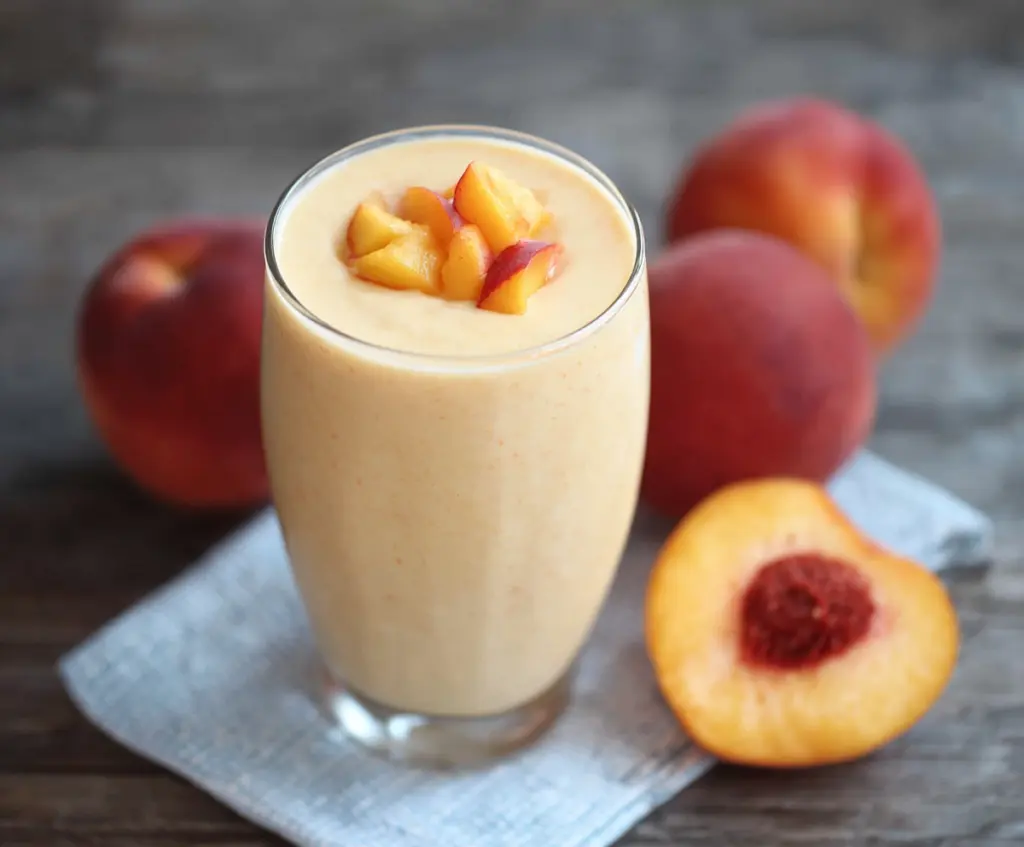 Refreshing peach protein smoothie in a glass with fresh peach slices and a straw for a healthy breakfast drink.