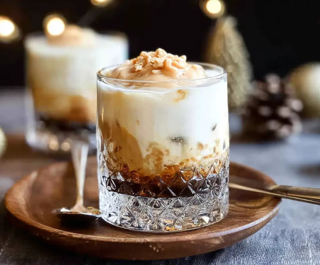 Creamy peanut butter White Russian Christmas cocktail garnished with festive decorations.
