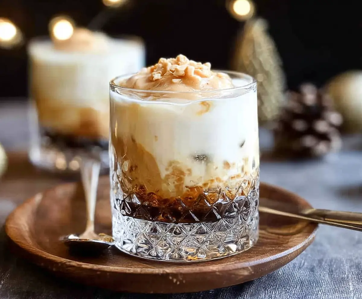 Creamy peanut butter White Russian Christmas cocktail garnished with festive decorations.