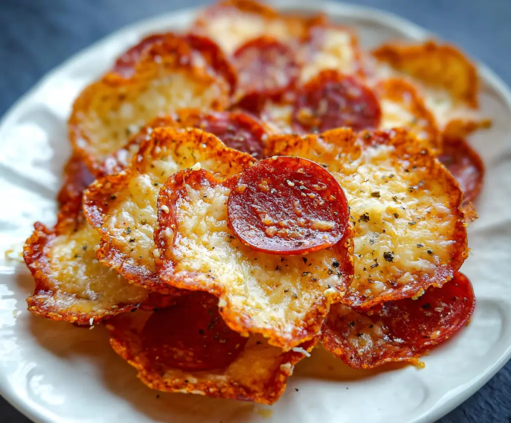 Crispy pepperoni and cheese chips on a plate, perfect for a savory snack or appetizer.
