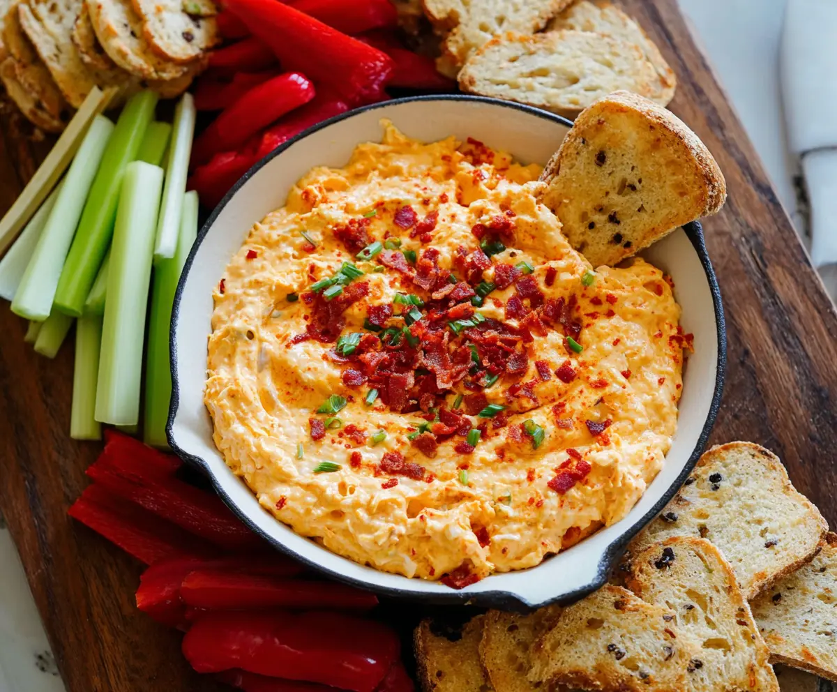 Creamy Pimento Cheese Dip served with fresh vegetables on a rustic wooden platter