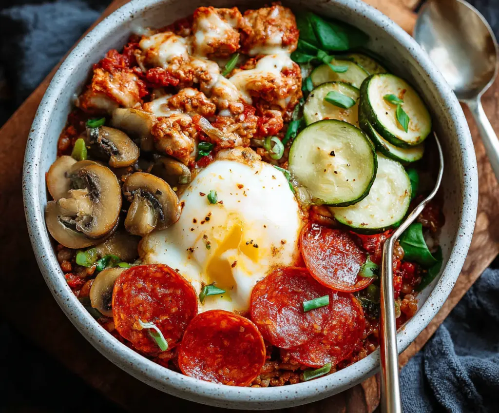 Delicious Pizza Protein Bowl with melted cheese, fresh vegetables, and lean protein on a wooden board