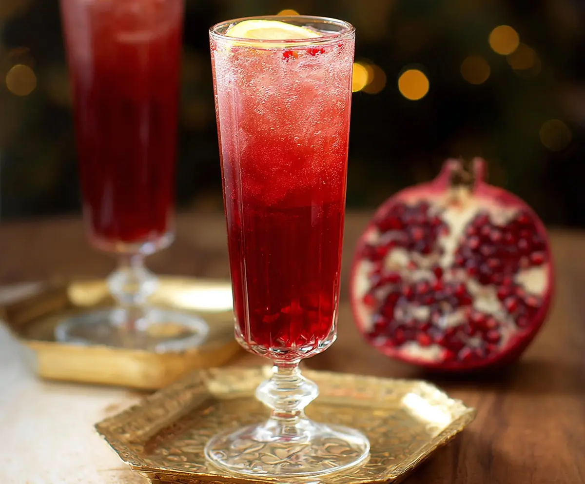 Refreshing Pomegranate Ginger Sparkler served in a tall glass with fresh pomegranate seeds and ginger slices.