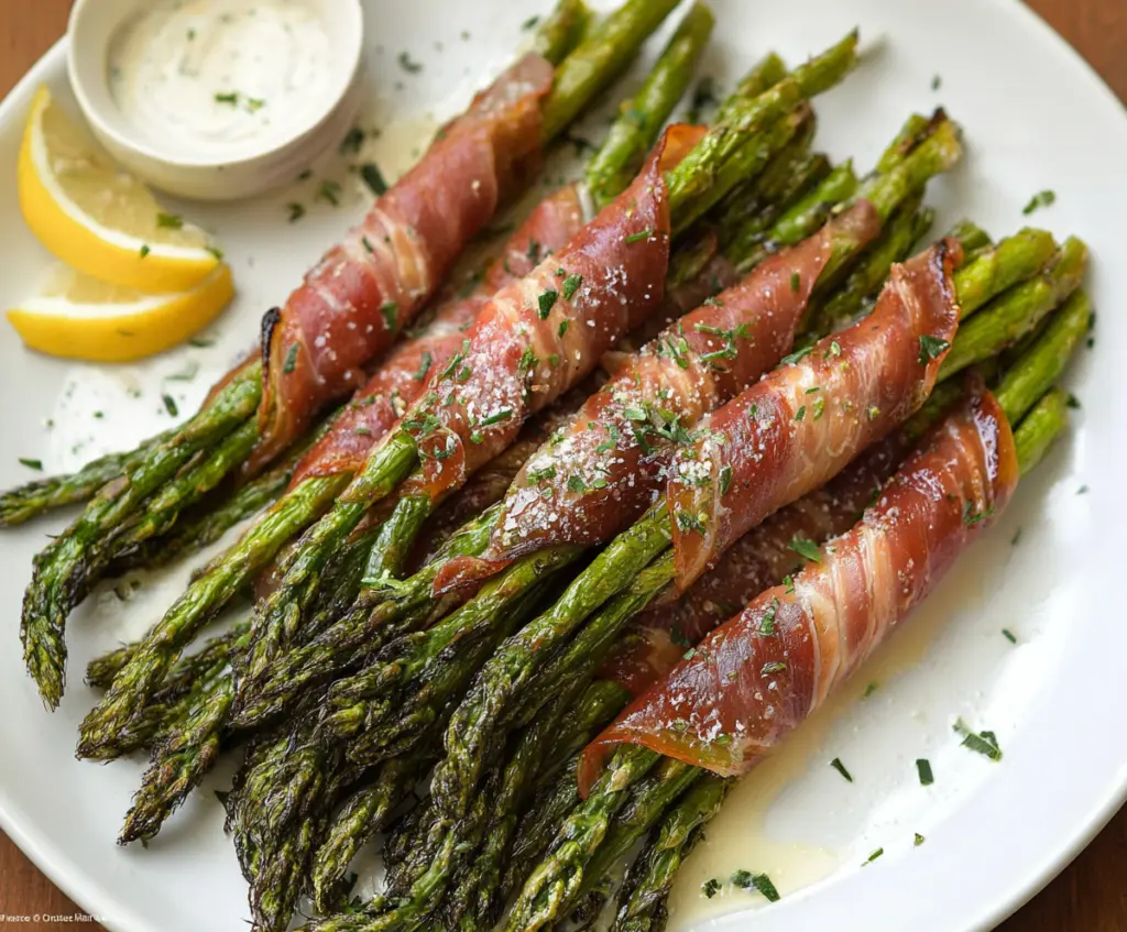 Delicious prosciutto-wrapped asparagus spears ready to serve as an appetizer