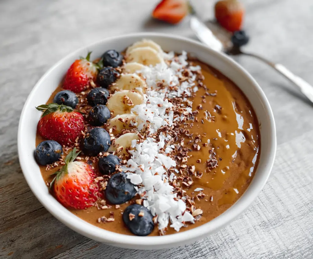 Healthy protein smoothie bowl with fresh berries and granola on top